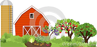 Abstract rural landscape with red barn, silo tower, vegetable garden and orchard Vector Illustration